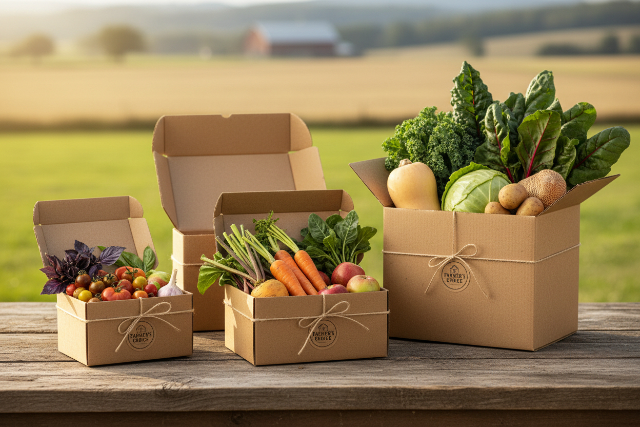 farmer's choice bundle close up product photos for various size boxes, rustic, simple,