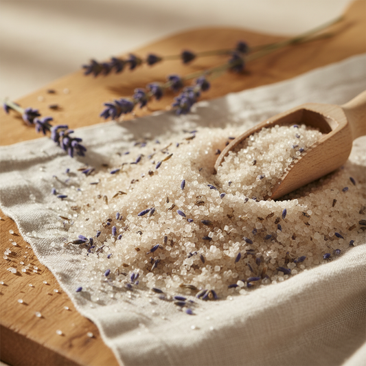 rustic, simple, close up lavender infused sugar product photo