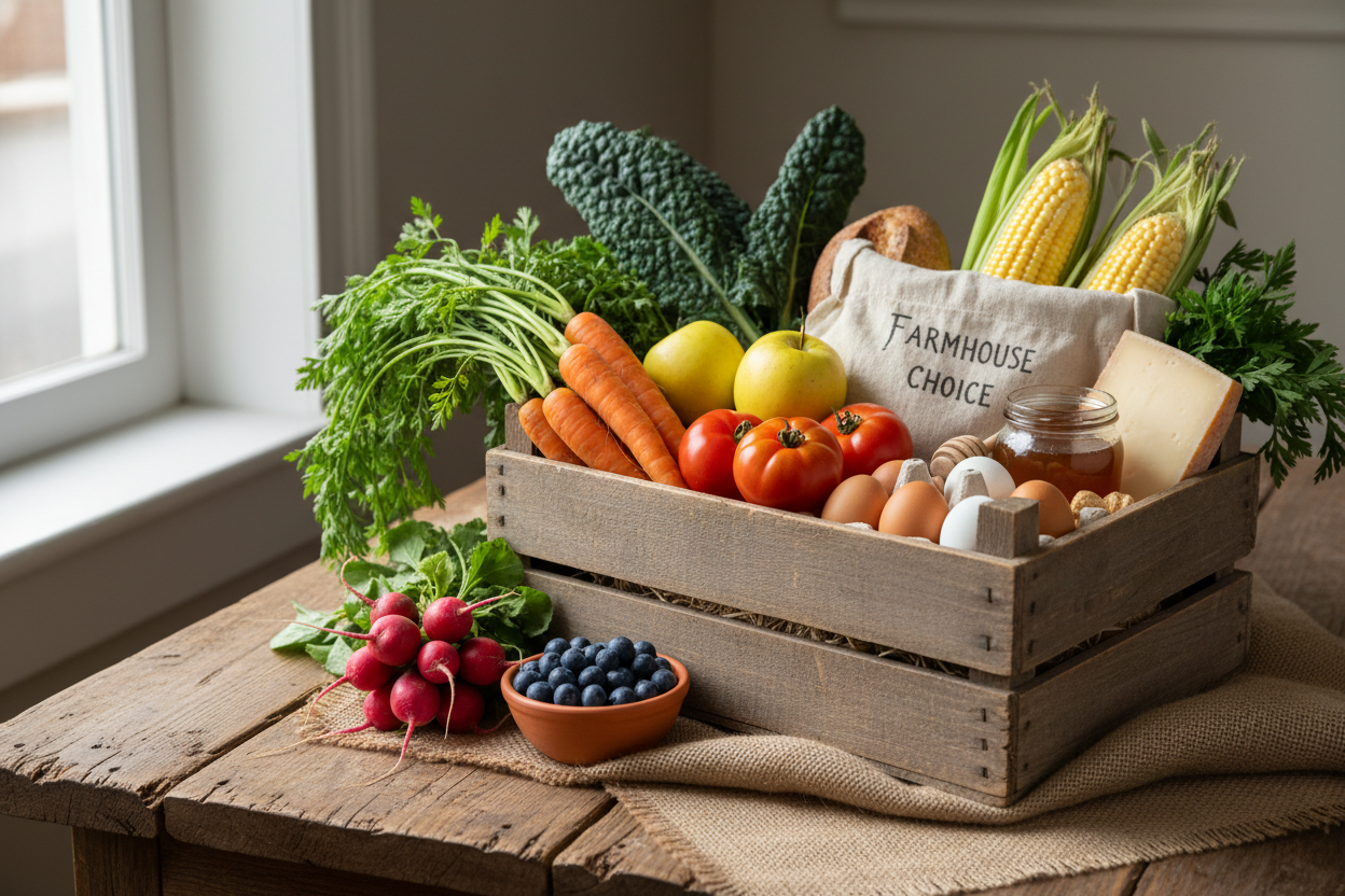 simple rustic product photio for a communty bundle of farmers choice goods