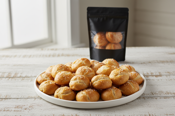 20 count of soft pretzel bites on a platter sitting on a white rustic table with black pouch with window sitting on table behind platter.