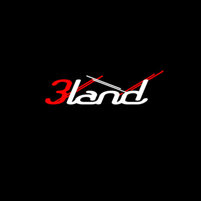 A stylized '3land' logo in red and white on a solid black background.