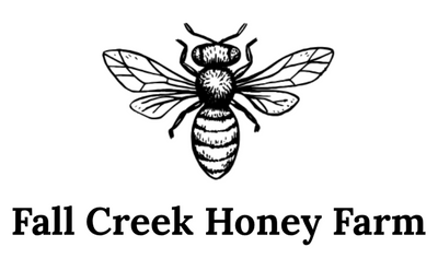Logo of Fall Creek Honey Farm with a bee illustration on a white background