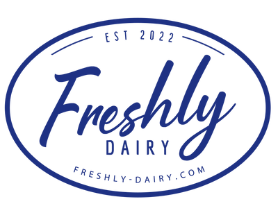 Freshly Dairy logo with blue text on a white background