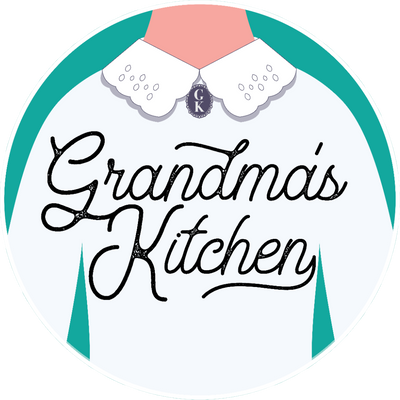 Logo for 'Grandma's Kitchen' with a vintage apron design.