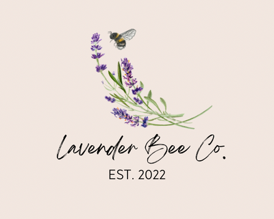 Lavender Bee Co. logo with lavender flowers and a bee on a beige background