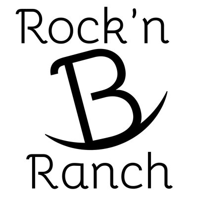 Logo of Rock 'n B Ranch with a stylized letter 'B' on a white background