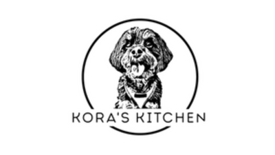 Logo of Kora's Kitchen with a dog illustration on a white background