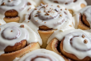 an extreme close up of soft, fluffy cinnamon rolls completely coated in thick creamy white icing