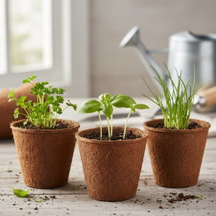 close up product photo, rustic, simple, herb and produce starter plants in compostable pot