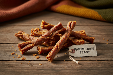 close up, rustic, simple product photo of chicken jerkey dog treats