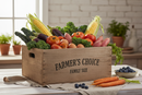 close up, rustic, simple product photo of family size farmers choice box