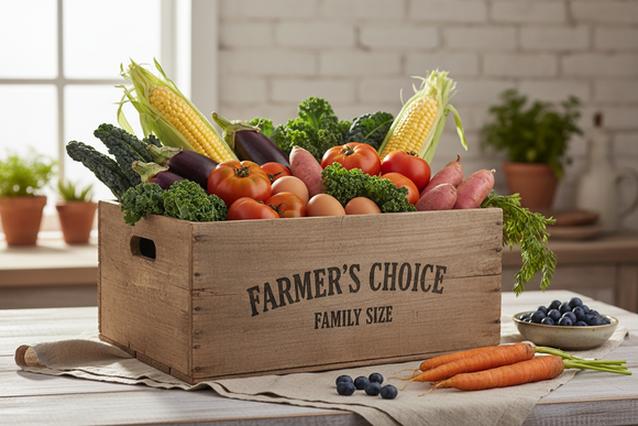 close up, rustic, simple product photo of family size farmers choice box