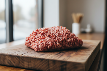 close up, rustic, simple product photo of ground beef