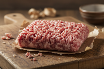 close up, rustic, simple product photo of ground pork