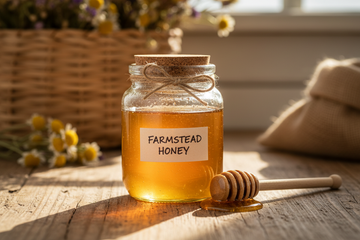 close up, rustic, simple product photo of honey