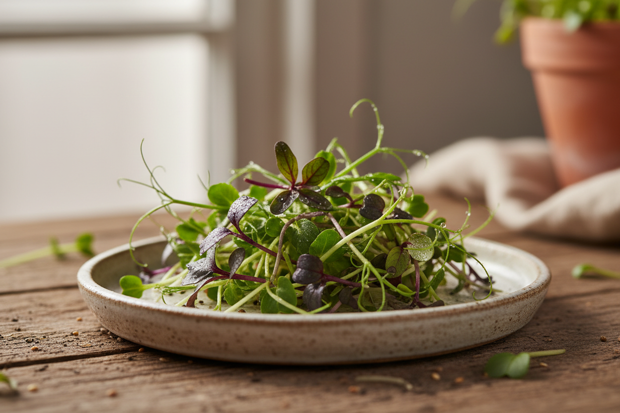 close up, rustic, simple product photo of microgreens