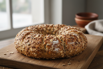 close up, rustic, simple product photo of multi-grain bread ring