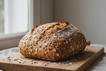 close up, rustic, simple product photo of multi grain loaf of bread