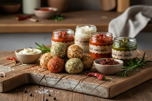close up, simple, rustic product photo for balls & spreads collection