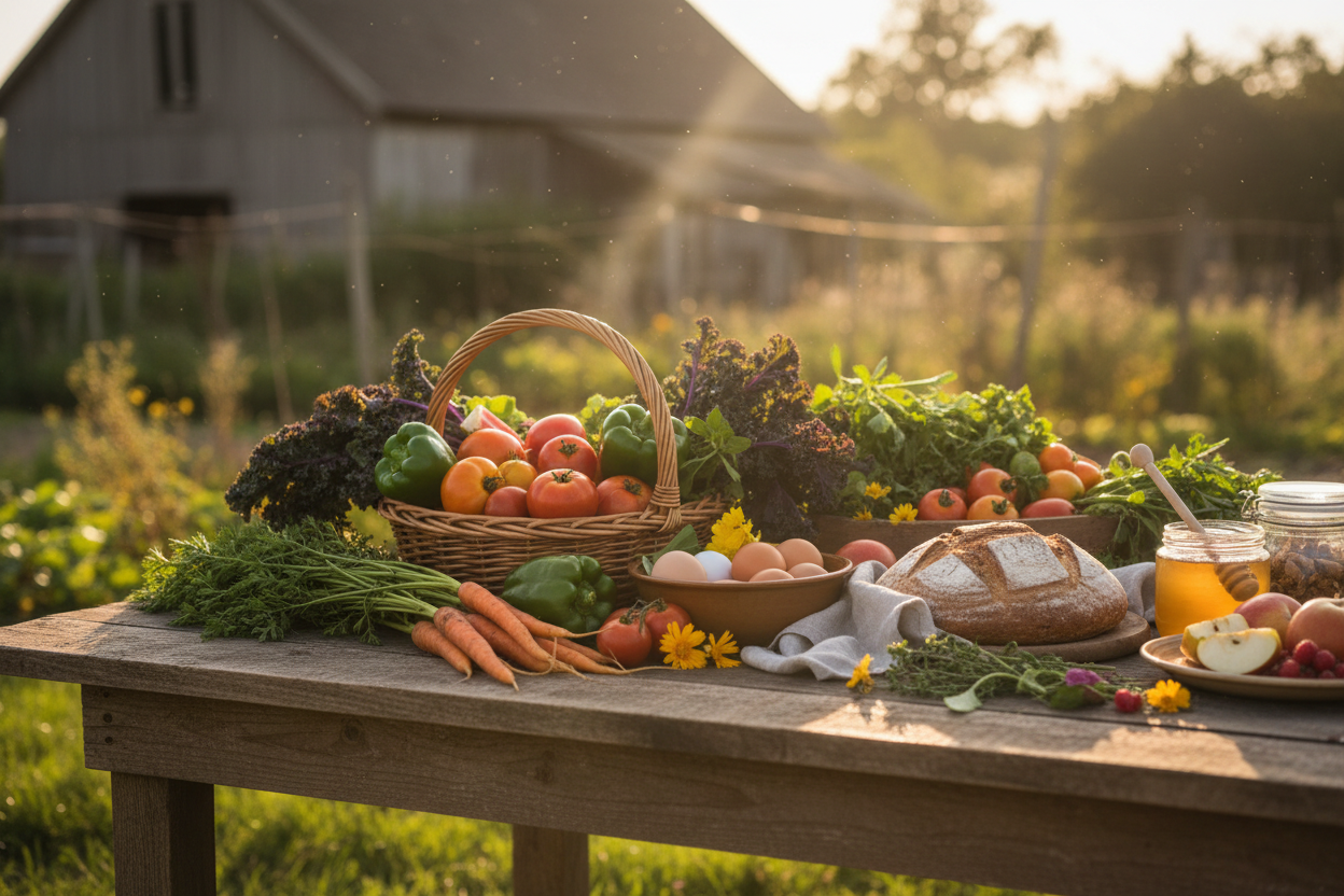 farm table close up with fresh food warm sun and inviting soft country feel