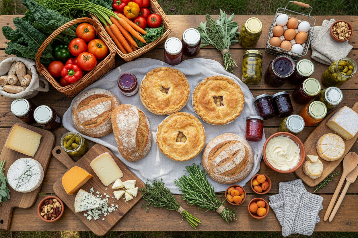 outside farm table closeup with lots of homemade foods adn goods