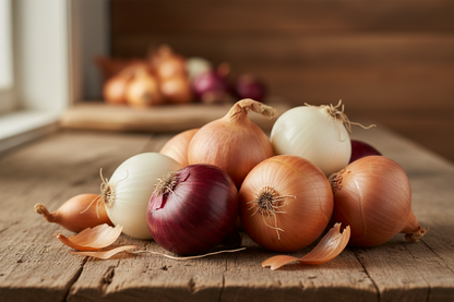 rustic, close up, sumple product ohoto onions (red, white, and yellow)
