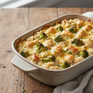 rustic, simple, close up brocolli, chicken, and white creamy rice casserole product photo