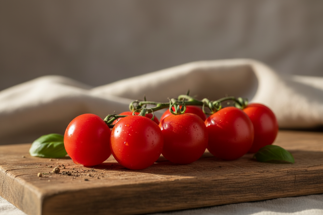 rustic, simple, close up product photo cherry tomato