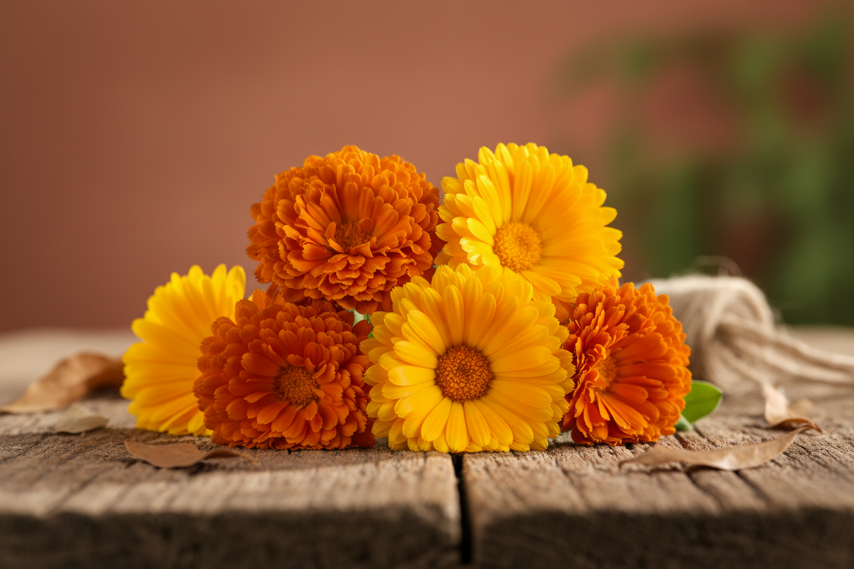 rustic, simple, close up product photo marigold
