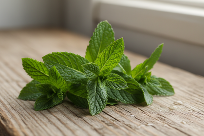 rustic, simple, close up product photo mint