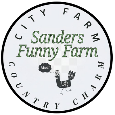 Circular logo for Sanders Funny Farm with text and a cow illustration.